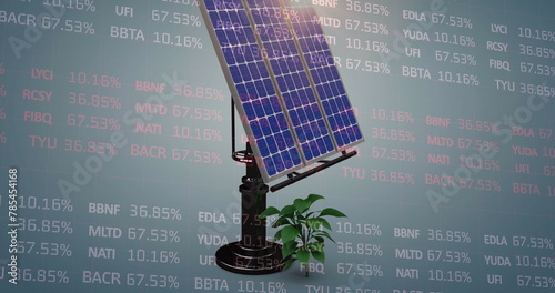 Image of solar panel and plant over moving trading board
