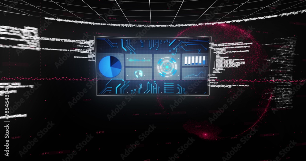 Image of globe, graphs and data processing on screens on black background Image of globe, graphs and data processing on screens on black background