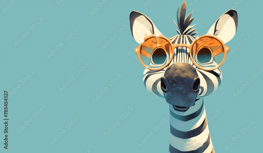 Fototapeta premium A cute zebra wearing colorful sunglasses against an isolated pastel blue background, creating a whimsical and playful scene with the animal's distinctive stripes. 
