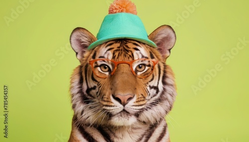 Tiger in a bright hat and stylish glasses, against the background of a yellowwall, vintage and fashionable style. Isolated, close-up studio portrait. Funny, cute and unusual image. Copy space photo