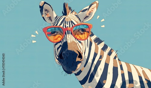 A cute zebra wearing colorful sunglasses against an isolated pastel blue background  creating a whimsical and playful scene with the animal s distinctive stripes.