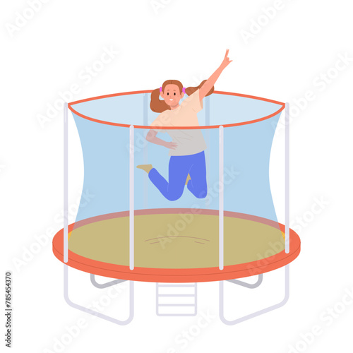 Cute little girl child cartoon character having fun jumping trampoline park mini attraction