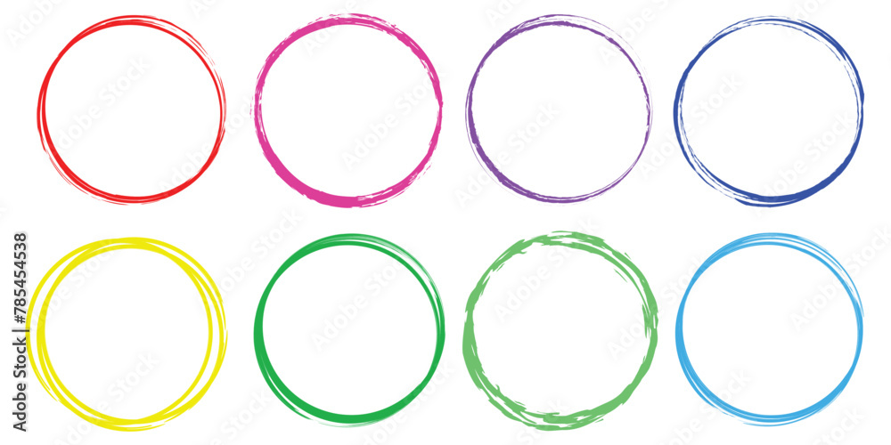 Scribble circle round vector frame. Hand drawn rough scribble effect line. Children color crayon brush stroke frame. Scribble hand drawn grunge doodle color circle set. Vector illustration Scribble circle round vector frame. Hand drawn rough scribble effect line. Children color crayon brush stroke frame. Scribble hand drawn grunge doodle color circle set. Vector illustration