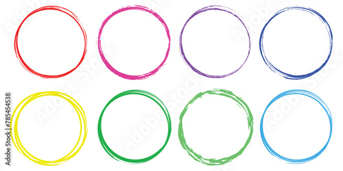 Scribble circle round vector frame. Hand drawn rough scribble effect line. Children color crayon brush stroke frame. Scribble hand drawn grunge doodle color circle set. Vector illustration