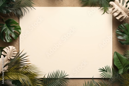 Tan frame background  tropical leaves and plants around the tan rectangle in the middle of the photo with space for text