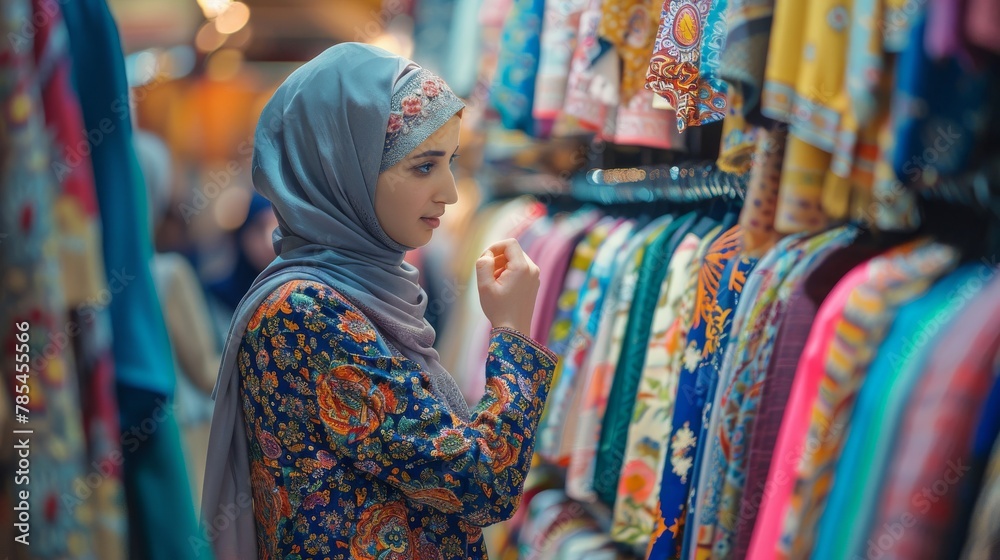 Middle Eastern women wearing hijab selecting fabrics at a textile shop