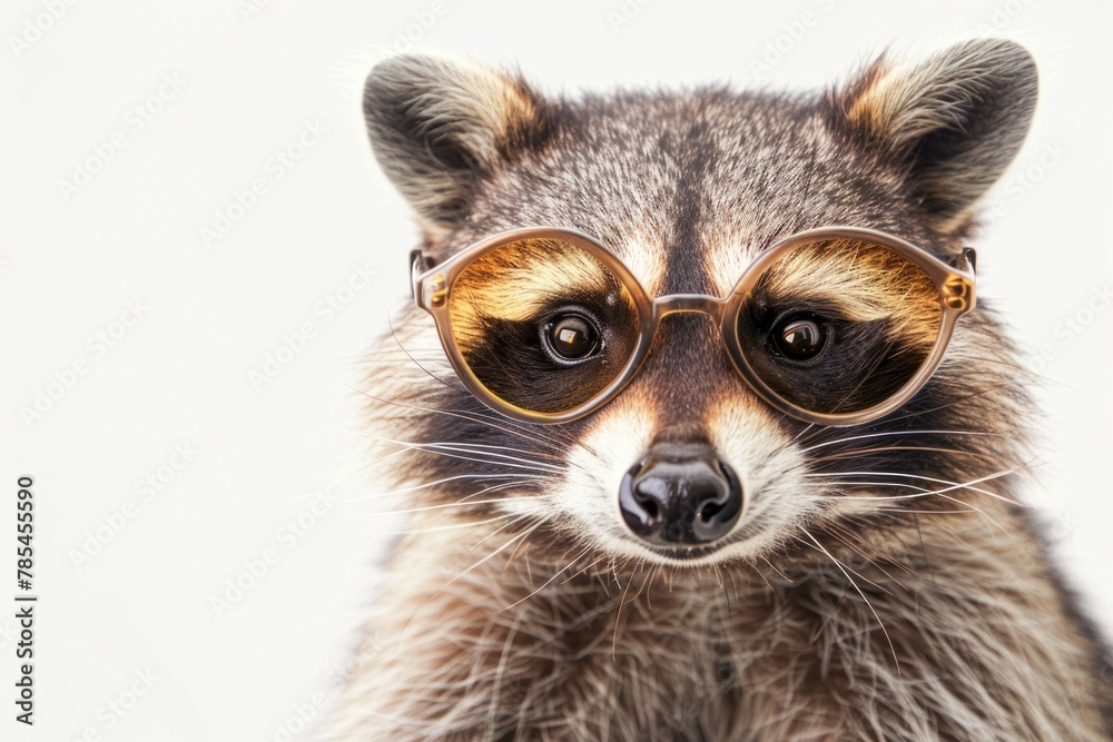 A stylish raccoon wearing golden round glasses, gazing with curiosity.