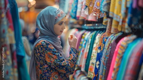 Middle Eastern women wearing hijab selecting fabrics at a textile shop photo