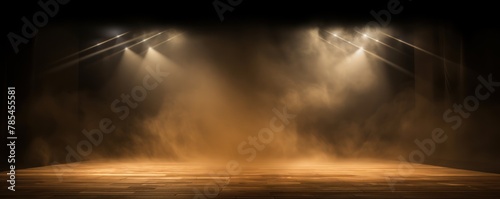 Tan stage background, tan spotlight light effects, dark atmosphere, smoke and mist, simple stage background, stage lighting, spotlights