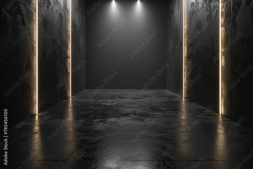 Fototapeta premium An empty underground black room like tunnel with bare walls and lighting metro