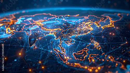 a detailed digital map of Asia showcasing glowing digital connections between countries symbolizing the continent's extensive network and global connectivity with copy space