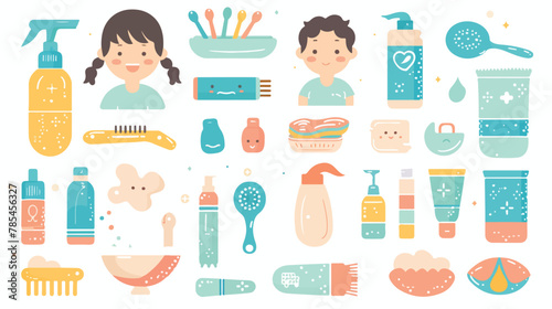 Kids health and hygiene flat vector icons. Vector 