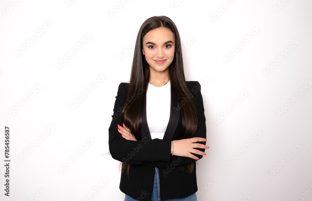 Young satisfied smiling happy fun cheerful successful european employee woman 20s she wearing casual classic jacket look camera isolated on white background. Young satisfied smiling happy fun cheerful successful european employee woman 20s she wearing casual classic jacket look camera isolated on white background.