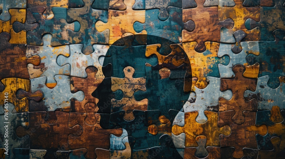 Human head profile with jigsaw puzzles. Mental health, brain problem
