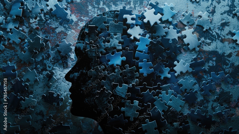 Obraz premium Human head profile with jigsaw puzzles. Mental health, brain problem, personality disorder, cognitive psychology and psychotherapy, problem-solving, thinking, self-discovery concept background