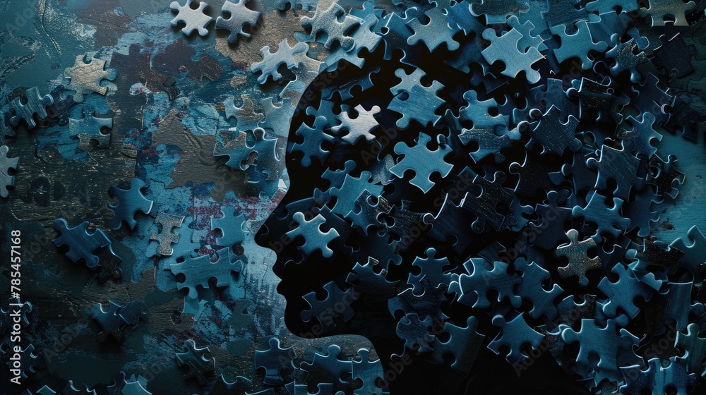 Fototapeta premium Human head profile with jigsaw puzzles. Mental health, brain problem, personality disorder, cognitive psychology and psychotherapy, problem-solving, thinking, self-discovery concept background
