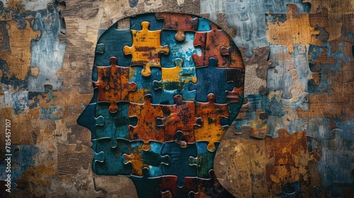 Human head profile with jigsaw puzzles. Mental health  brain problem  personality disorder  cognitive psychology and psychotherapy  problem-solving  thinking  self-discovery concept background