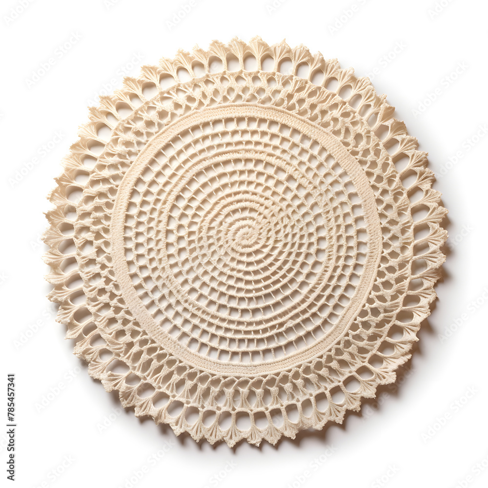 White Round handmade crafted crochet raffia placemat isolated on white background White Round handmade crafted crochet raffia placemat isolated on white background