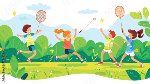 Kids playing badminton outdoor on the grass. Modern © Blue