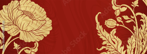 Elegant prestigious background template with peony flowers. The design luxury peony is made for oriental chinese motif with gold and red colors.