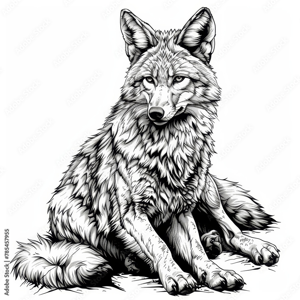 Fototapeta premium A detailed line drawing of a coyote, sitting and looking to the right.