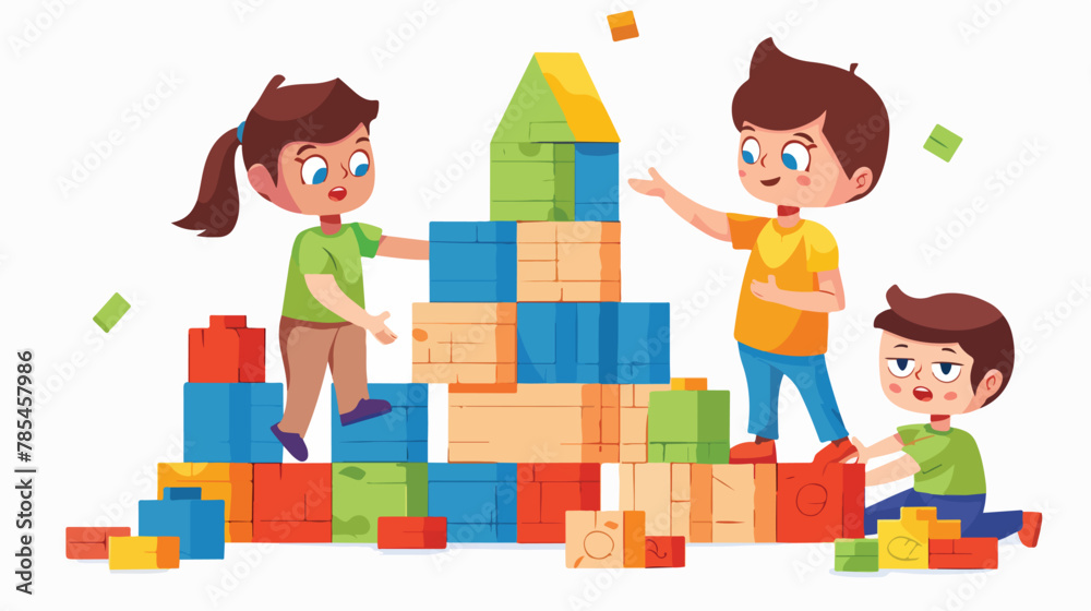 Kids playing wooden blocks building tower and sort  