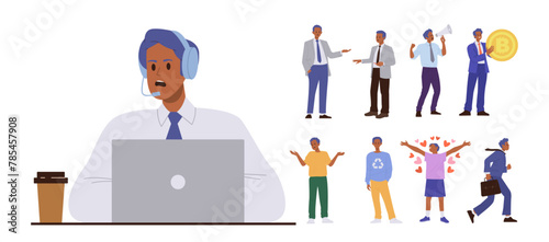 Man cartoon character enjoying different professional and hobby occupation, showing various emotion