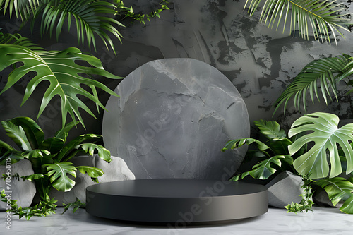 Contemporary Gray Podium Stage Rack  circle shape  front view focus with Green Stone and Tropical Leaves Background  perfect  very realistic