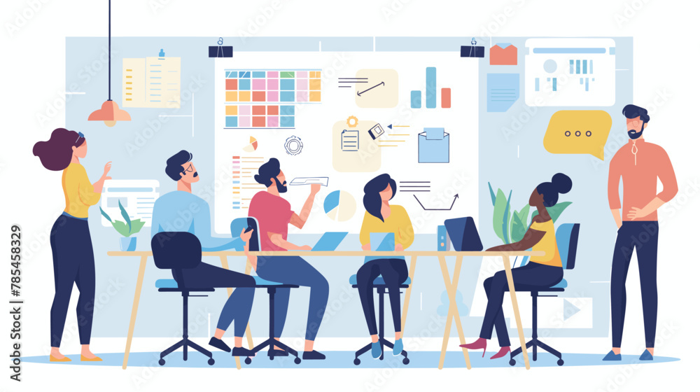 Flat vector illustration of diverse business people using video conferencing for online meetings, remote work collaboration, distance learning and training. Modern technology and communication concept