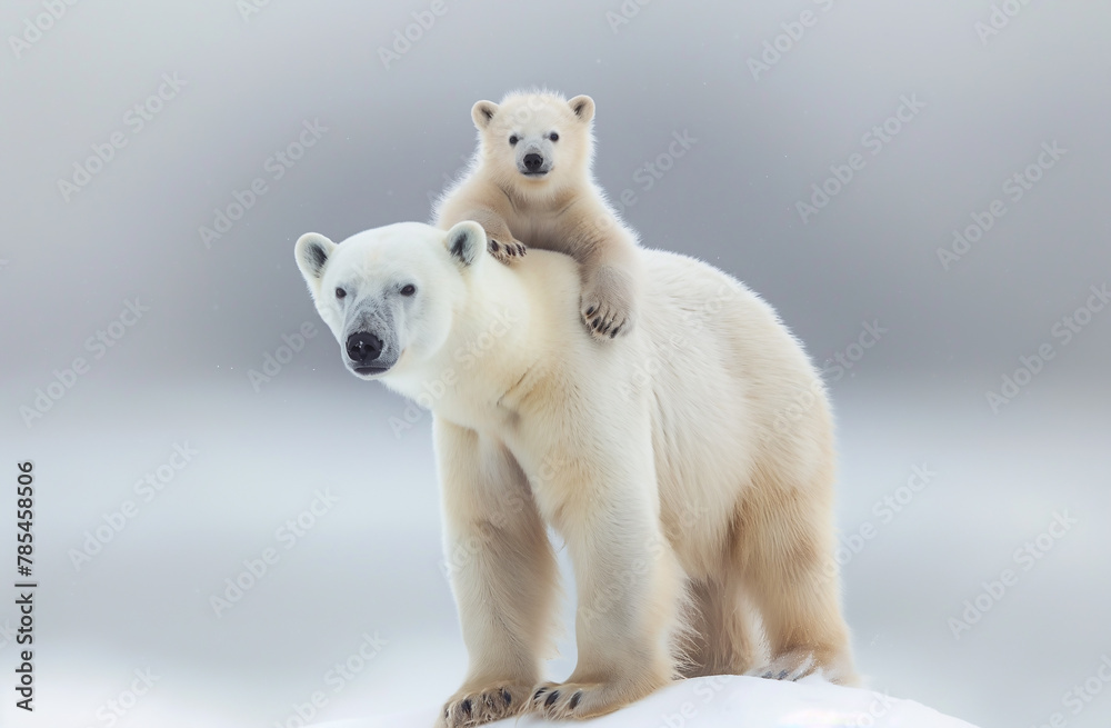 Fototapeta premium Polar bear mother and cubs in the arctic, with a white snow and ice background