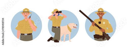 Forest rangers male and female cartoon characters on guard isolated set of round composition