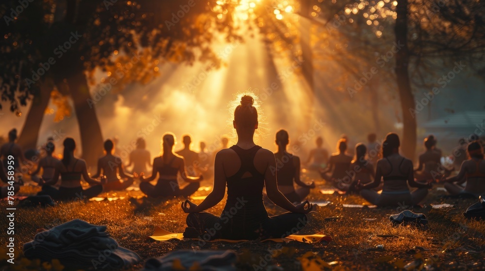 A group of young girls practicing yoga in the sunlight perform Padmasana exercises, lotus position