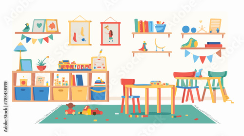 Kindergarten playroom classroom with small tables © Blue