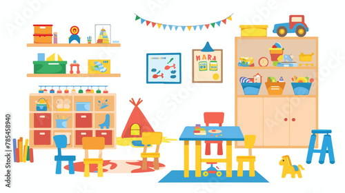Kindergarten playroom classroom with small tables