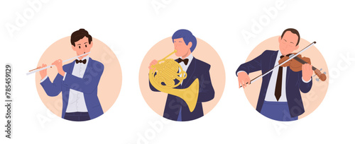 Orchestra man classical musicians cartoon characters performing with music instruments round icon