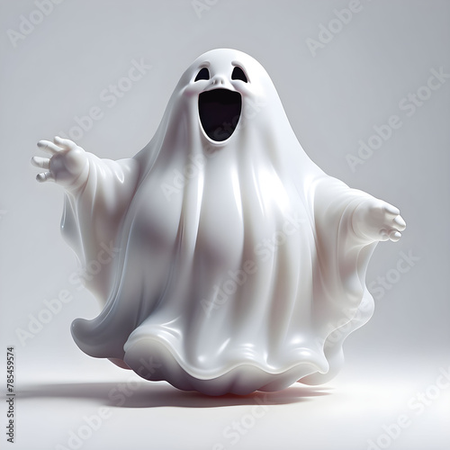 Fantasma gorducho voando alegremente. Ícone 3d de fantasma grande flutuando feliz isolado em fundo branco. Fantasma grande de plástico. photo
