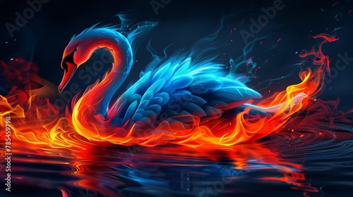 A swan is floating in a river. A magical creature made of fire on black background.
