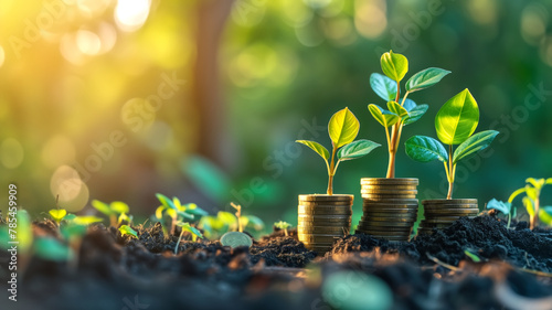 Young plants growing on stacked coins in soil. Financial growth and investment savings concept. Eco-friendly business and sustainable development theme