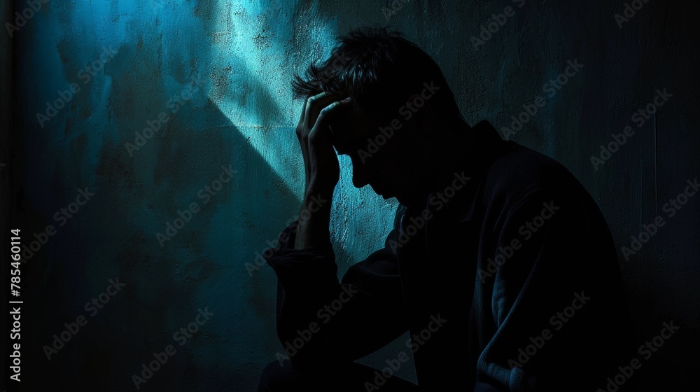 Schizophrenic man holding head in his hand, sad after receive bad news. Stressed boy confused with unhappy problem, cry and worry about unexpected work, down economy, bipolar