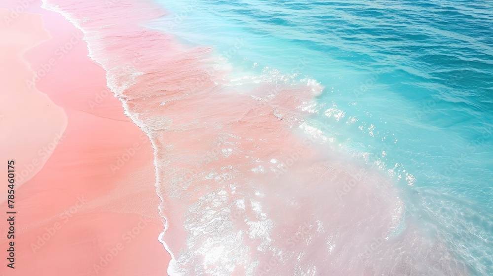 Fototapeta premium Top view of amazing pastel pink blue beach , copy space available, beautiful beach with pink water and pink sand, summer, water