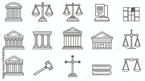 Legal law lawyer and court thin line icons set. Modern