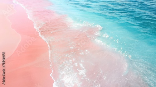 Top view of amazing pastel pink blue beach , copy space available, beautiful beach with pink water and pink sand, summer, water