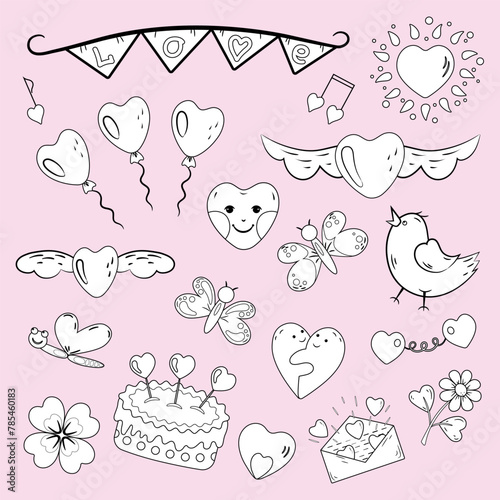 Love set. Cartoon illustrations with heart elements. Black and white on rose background
