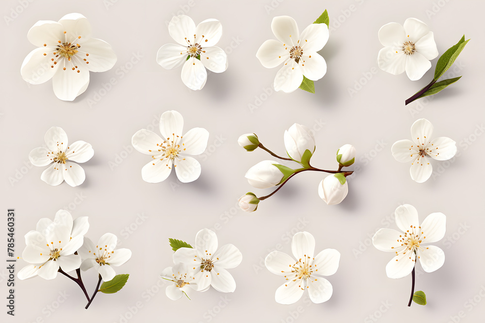 Collection of white cherry bloom flowers isolated on white