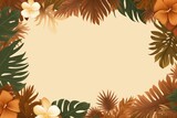 Tropical plants frame background with coral blank space for text on coral background, top view. Flat lay style. ,copy Space
