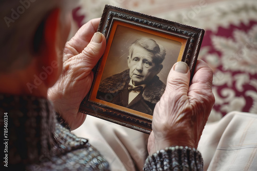 An elderly man holding a photo frame. Happy memories concept.