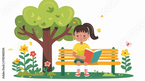 Little girl kid reading a book sitting on a bench 