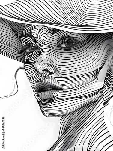 Black and white lines portrait of a fashion women with hat