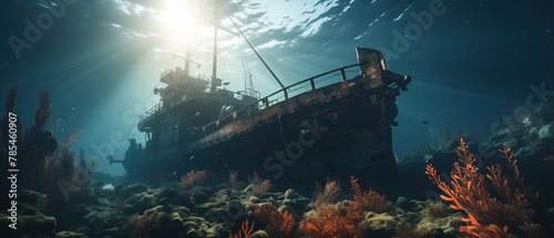 Journey through the underwater galaxy. A majestic ship sails in the vast ocean, surrounded by vibrant corals. Scene is filled with mystery as the ship navigates through colorful underwater world photo