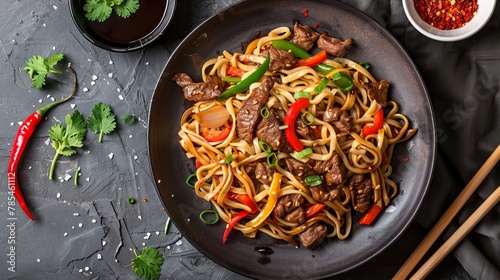 Delicious asian stir-fried noodles with tender beef, colorful peppers, and sautéed onions - mouthwatering panoramic shot of flavorful asian cuisine